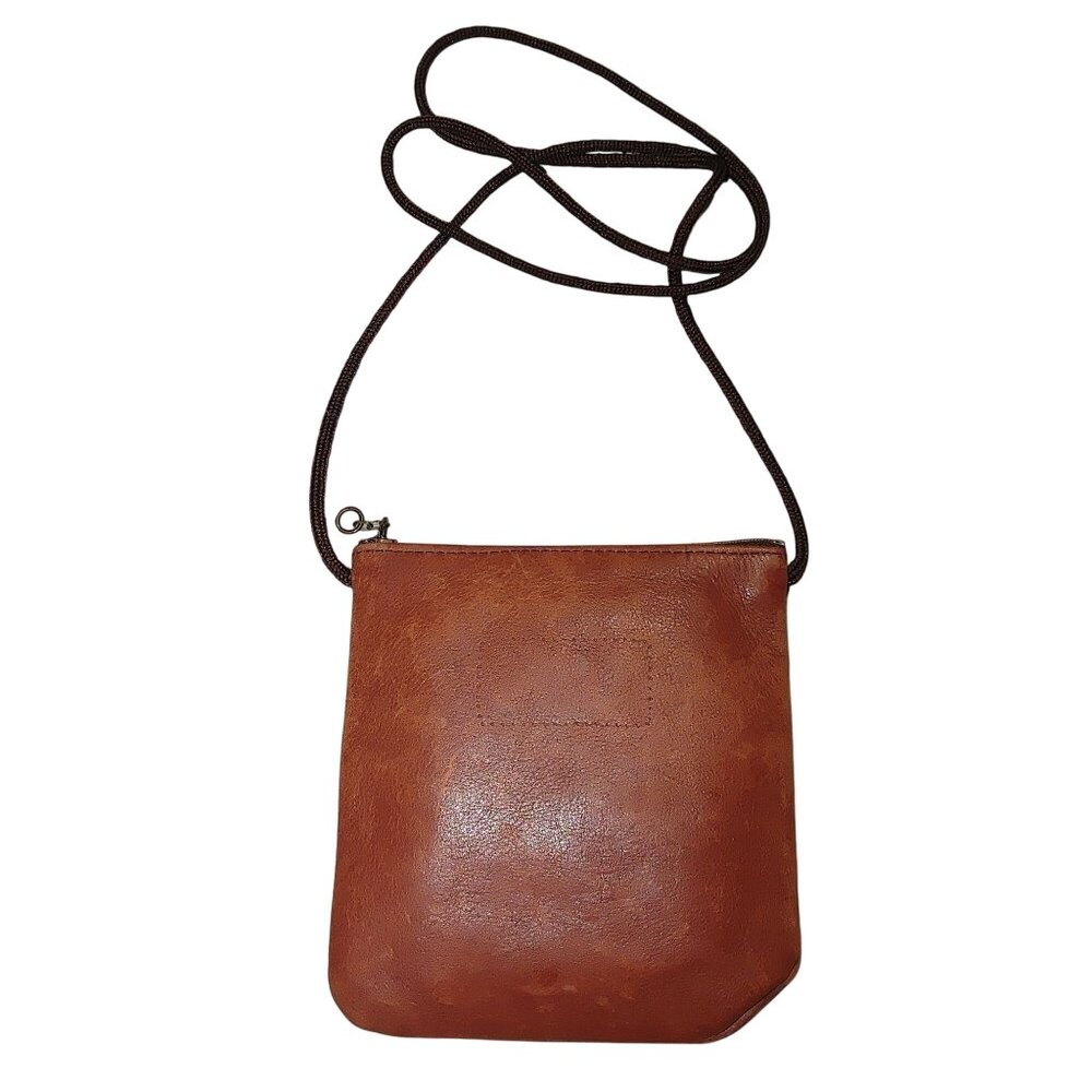 Small Brown Leather Crossbody Bag Vintage Zipper Closure Strap Measures 6 Inches
